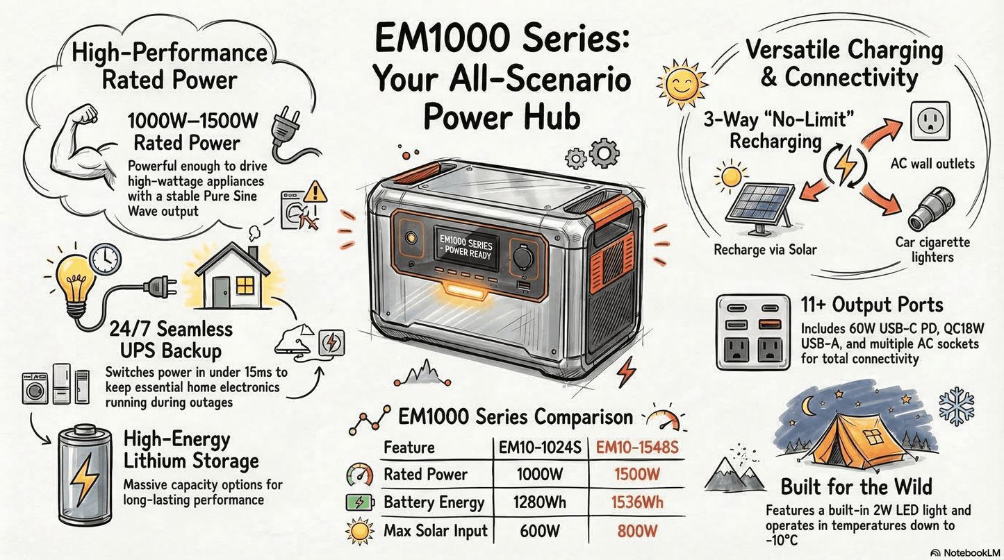EM1000 Portable Solar Power Station (1000W/1500W)