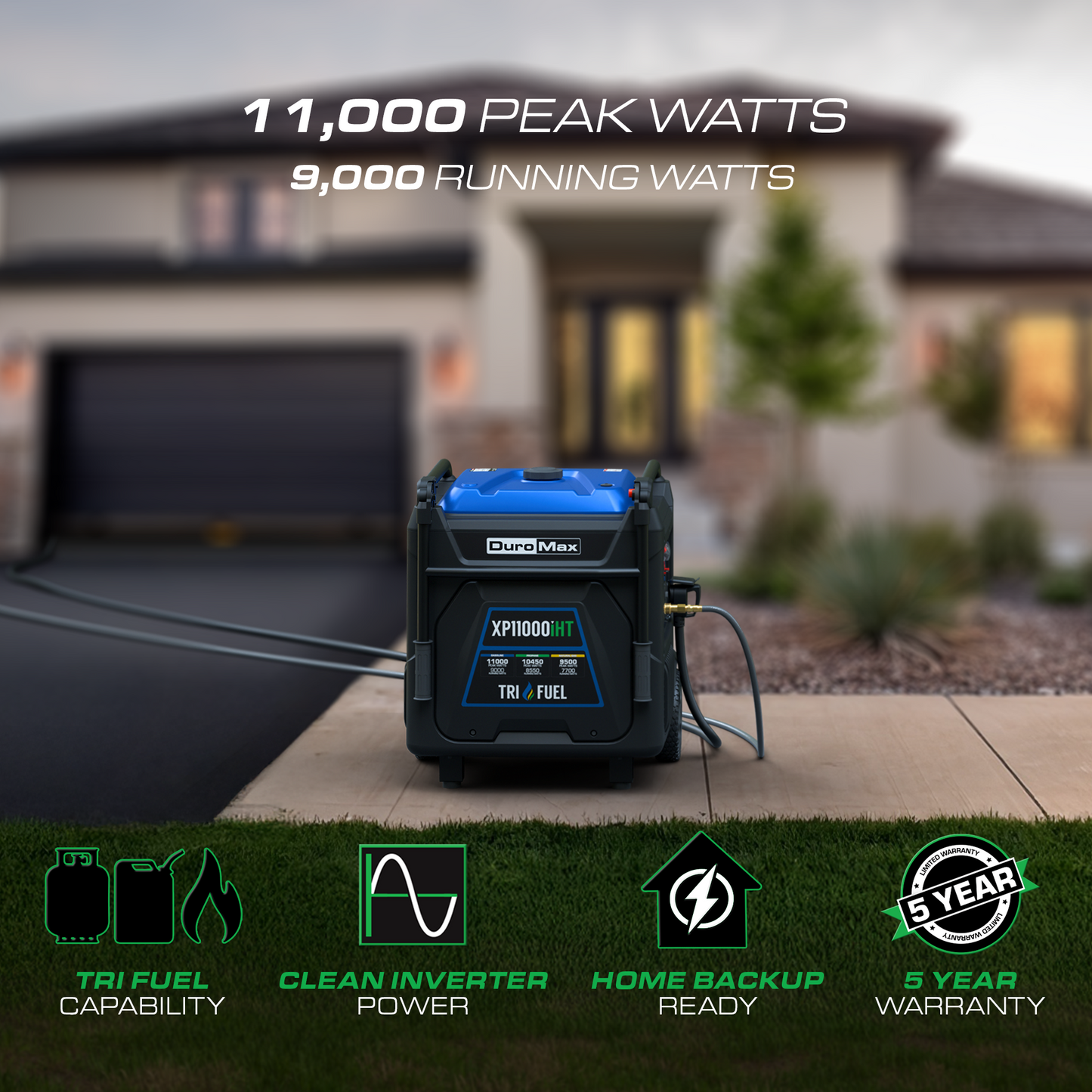 DuroMax 11,000 Watt Portable Tri Fuel Inverter Generator - Quiet, Low THD