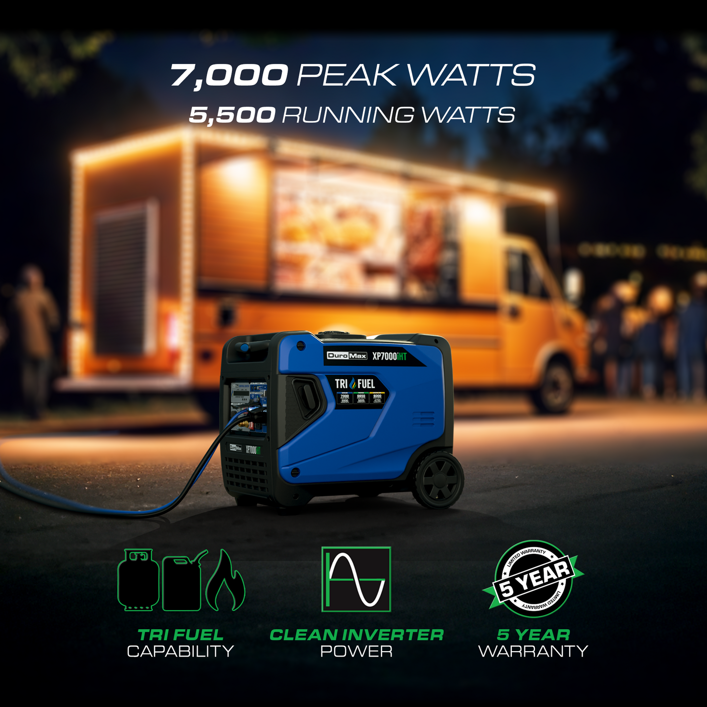 DuroMax 7,000 Watt Portable Tri Fuel Inverter Generator - Quiet, Low THD